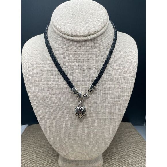 Brighton Silver Tone and Black Leather Braided Heart Charm Necklace 17” - Picture 1 of 7